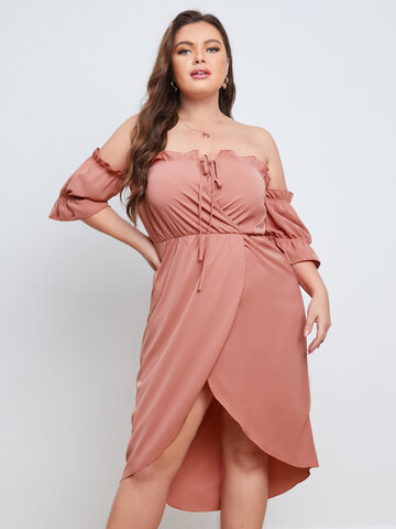 Plus Size Pink Off The Shoulder Lettuce-Edge Slit Design Dress