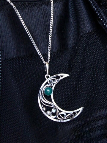 Inlaid Moonstone Hollow Moon Pendant Necklace