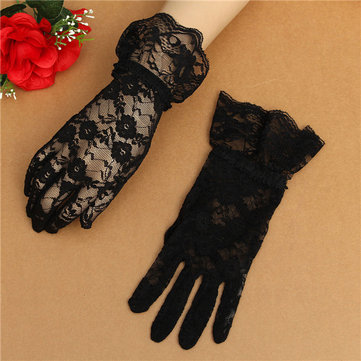 Gants de dentelle sexy femmes Full Finger Prom Driving Costume Gants-Noir