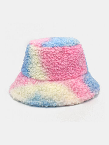 Women Tie-dye Mix Color Lamb Fur Warm Casual Cute Bucket Hat