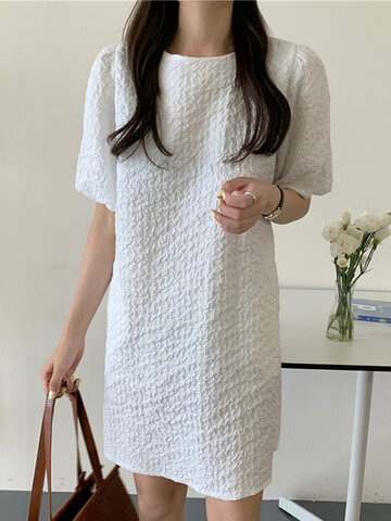 Puff Sleeve Solid Color Dress