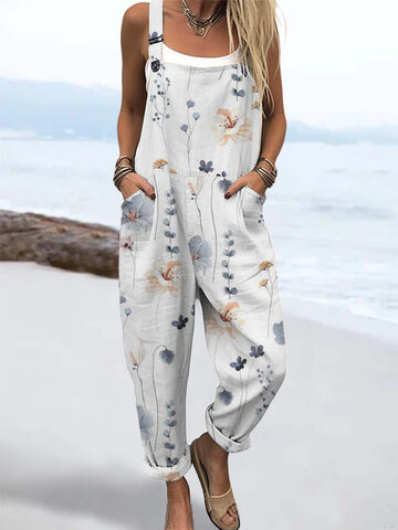Floral Plant Double Pocket Overalls