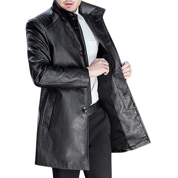 Men's Mid-Long Stand Collar PU Jacket Coat