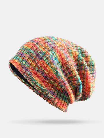 Women Woolen Mixed Rainbow Color Stripes Pattern Beanie Hat
