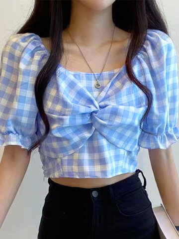 Twisted Check Print Crop Top