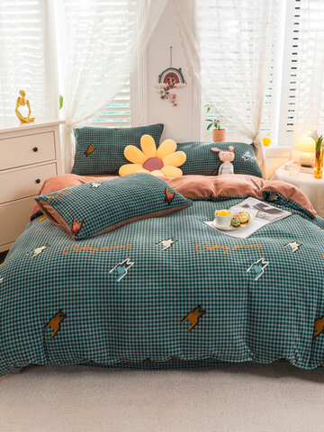 4PCS Warm And Plus Thick Velvet Print Bird Pattern Bedding Sets Quilt Cover Bedspread Sheet Pillowcase