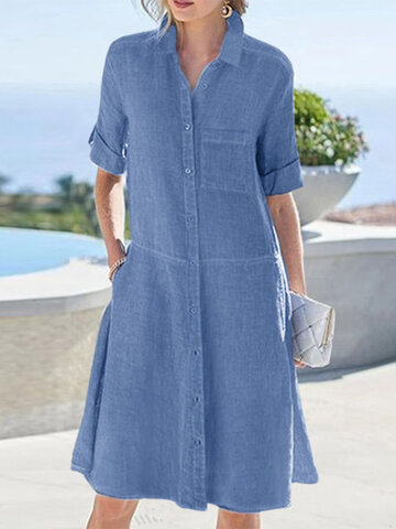 Solid Shirt Dress With Sleeve Tabs