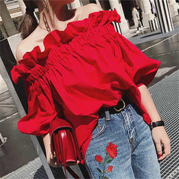 Season Red Five-point Sleeve Ruffled Word Collar Off-shoulder Shirt Blouse