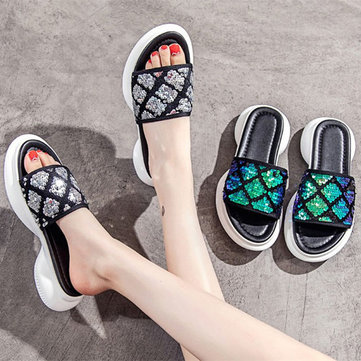 

Season New Women's Shoes Net Red Cool Drag Female Word Type Open Toe Sequins Thick Bottom Beach Sandals And Slippers Women