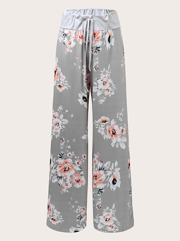 Calico Pattern Knotted Wide Leg Pants