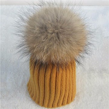 Children Warm Winter Wool Knit Beanie Raccoon Fur Pom Bobble Hat Crochet Ski Cap