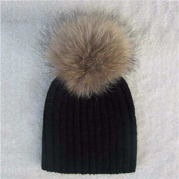 Gorro de invierno de lana de invierno de punto de lana de mapache gorro de pom bobble Sombrero de crochet