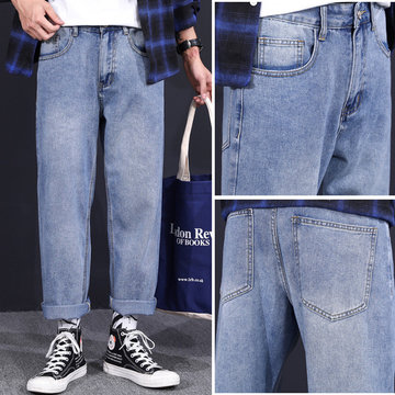 

Hong Kong Style Nine Points Jeans Men Loose Loose Sense Straight Wide Leg Trend Season Thin Section Old Pants