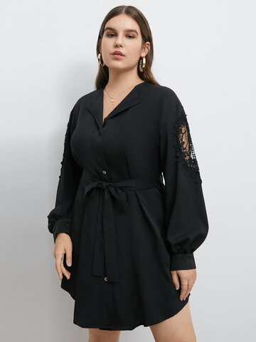 Plus Size Belt Design Button Design Lace Patchwork Shirt Dress