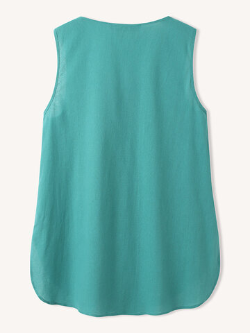 Pleated Buttons Sleeveless O-neck Casual Tank Tops