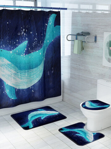 Conjunto de quatro peças para toalete de impressão Big Whale Banheiro Cortina de banho com tapete