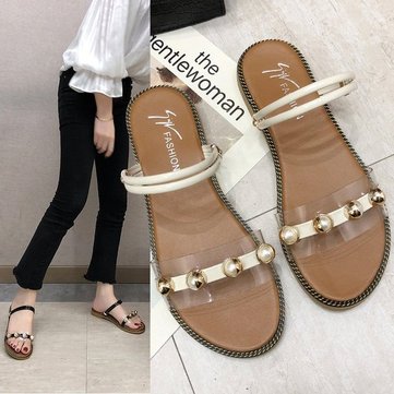 

Pearl Flat With Female Sandals Season New Two Wearing A Word With Wild Student Sandals Flat Female Shoes Tide
