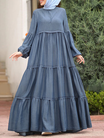 Muslim Solid Color Pleated Dress