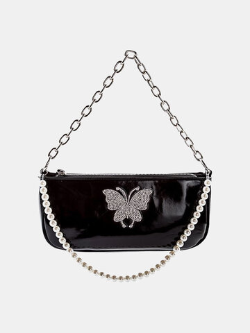 Chain Pearls Rhinestone Butterflies Handbag Shoulder Bag
