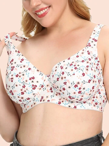 Plus Size Floral Full Coverage Push Up Lightly Lined Minimizer Wide Straps Comfy 95% Cotton Bra 