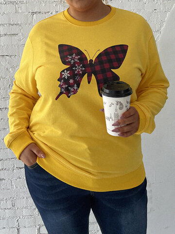 Butterfly Plaid Print Casual Sweatshirt