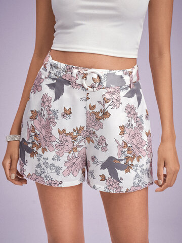 Flower Print Pocket Belt Shorts