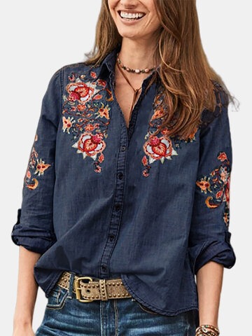 Embroidered Button Denim Blouse
