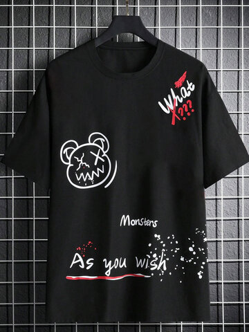 T-shirts à col rond avec motif de lettre d'ours de dessin animé