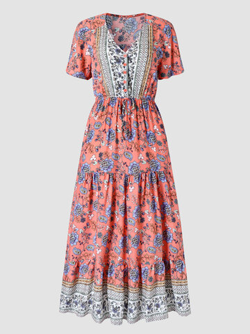 Floral Print Drawstring Bohemian Dress