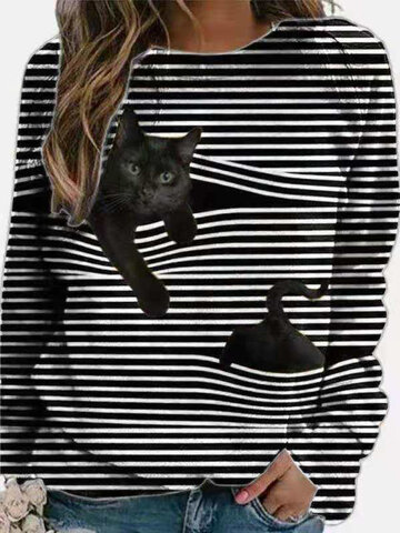Cat Print Black Striped T-shirt