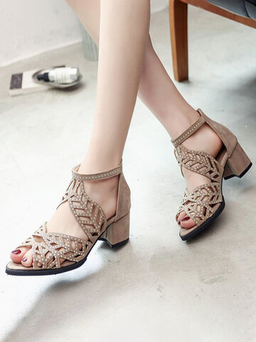 Fashion Leaves Shape Crystals Hollow Out Heeled Sandals