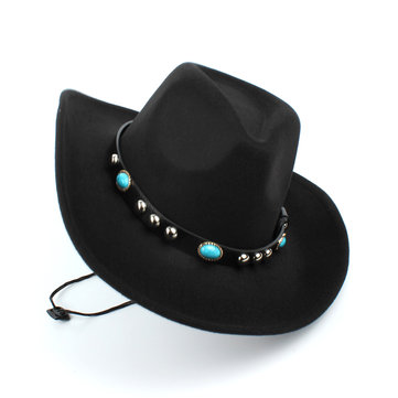 Mens Women Woolen Western Cowboy Hat Vintage Wide Brim Cowgirl Jazz Cap Horse Riding Hat