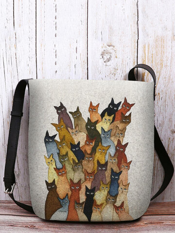 Felt Cartoon Cats Print Casual Crossbody Bag