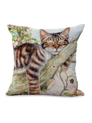 Oil Printing Style Floral Baby Cat Linen Cushion Cover