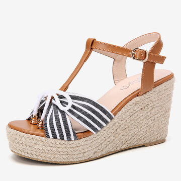 LOSTISY Cross Striped Band Wedges Sandals