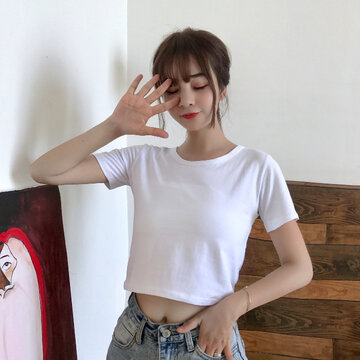 Season New White Short Short-sleeved T-shirt Female Navel High Waist Sexy Simple Tight Body Clothes
