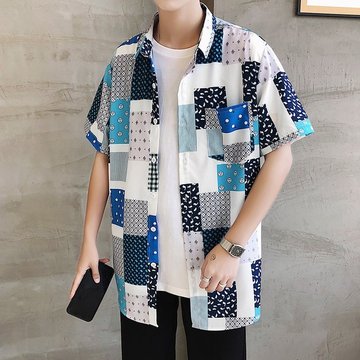 

Season Thin Section Loose Hong Kong Style Youth Floral Plaid Short-sleeved Shirt Trend Men's Shirt Tide