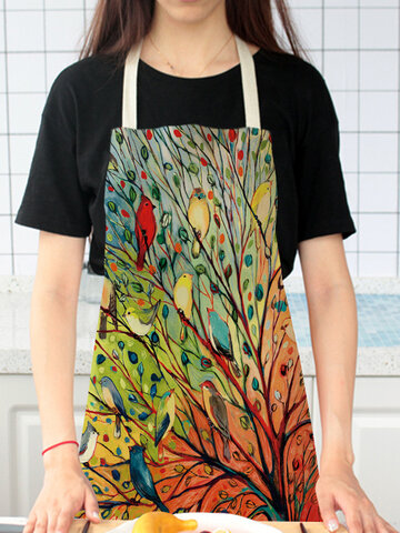 Tree And Birds Painting Pattern Cleaning Colorful Aprons Home Cooking Kitchen Apron Cook Wear Cotton Linen Adult Bibs