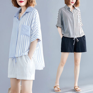 

New Season Literary Large Size Women's Stitching Contrast Color Shirt Fat Mm Loose Thin Striped Wild Shirt