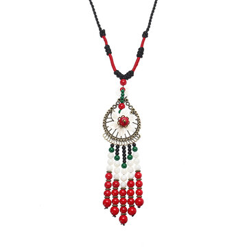 Frauen ethnische Halskette Quaste Perlen Blume Retro Halskette