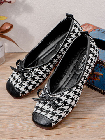 Houndstooth Loafers Shoes Elegant Bowknot Flats