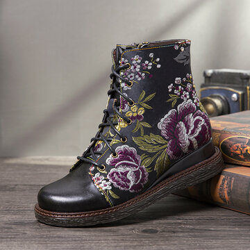 Elegant Flower Embroidery Genuine Leather Ankle Boots