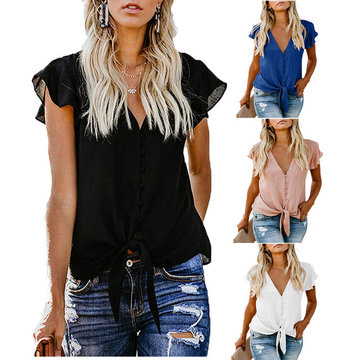 

New Women's Tops Best Selling European And American Knotted V-neck Ruffled Sleeves Chiffon Shirt Short-sleeved Shirt