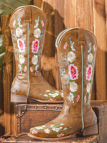 Flowers Embroidery Comfy Square-toe Cowboy Boots