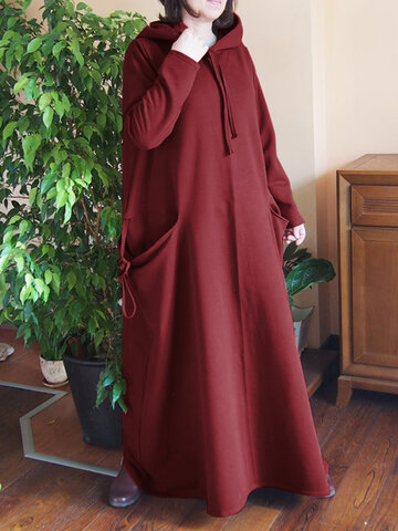 Solid Color Hooded Maxi Dress