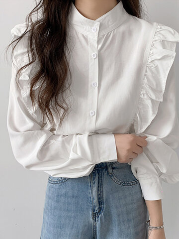 Ruffle Solid Stand Collar Blouse