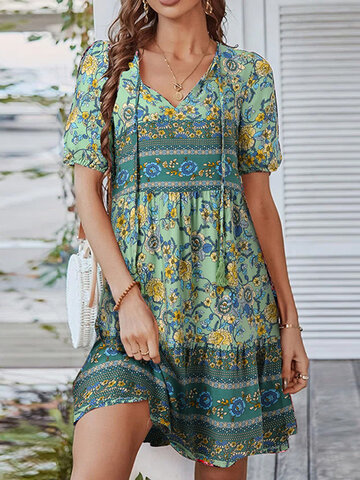 Bohemian Floral Print Knotted Dress