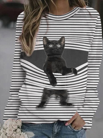 Cat Print Striped Sweatshirt