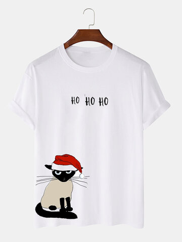 Christmas Hat Cat Print T-Shirts