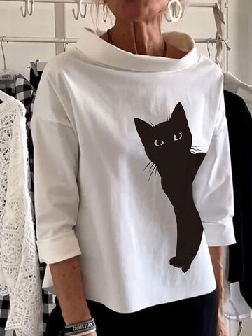 Cute Cat Print Turtleneck T-Shirt